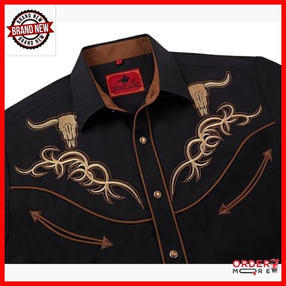 Men's Embroidered Bull Head Western Snap Button Shirt Long Sleeve Regular Fit - Picture 3 of 6